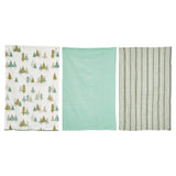 Christmas Tree Print Aqua Blue Gray Stripe Kitchen Towel Set of 3