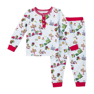 Mud Pie Kids Santa's North Pole Toyland Print Blue Christmas 2 Pc Pajama Set
