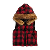 Red and Black Buffalo Check Girls Vest with Faux Fur Trimmed Hood