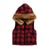 Red and Black Buffalo Check Girls Vest with Faux Fur Trimmed Hood