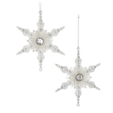 White Glitter and Rhinestone Snowflake Winter Christmas Ornament Set of 2