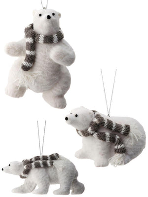 4-6" Soft Plush Polar Bear with Grey Striped Scarves Christmas Ornament Set of 3