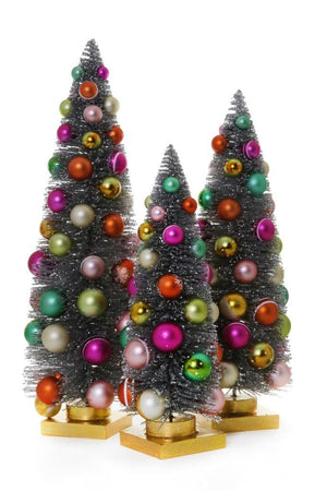 Silver Bottle Brush Christmas Trees with Rainbow Balls 11.5"-18.5" Set of 3