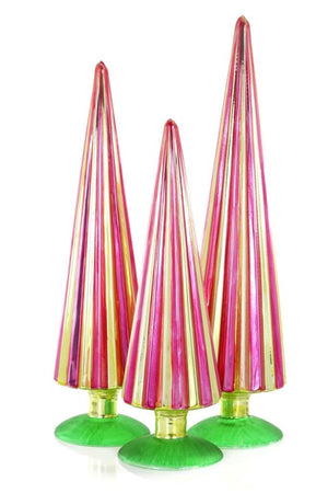 Cody Foster 11"-15" Red Gold Lime Green Pleated Glass Retro Christmas Tree Set of 3