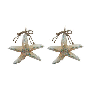 December Diamonds Sea Star in Sand with Aqua Sequins Christmas Ornament Set of 2