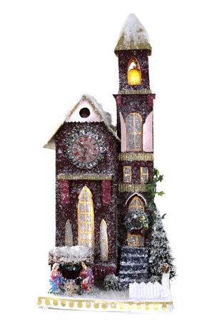 Cody Foster 16" Bell Tower Burgundy Church with Nativity for Christmas Putz Village