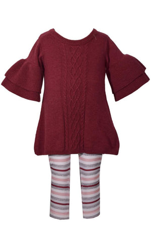 Bonnie Jean Ruffled Wide Sleeve Sweater with Cable Knit Design and Striped Legging Set