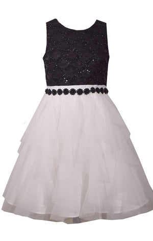 Bonnie Jean Sleeveless Dress with Black Sequin Accented Bodice and Cascading Chiffon Skirt