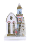 Cody Foster 10" White Blue and Pink Petite Church Christmas Village House with Deer