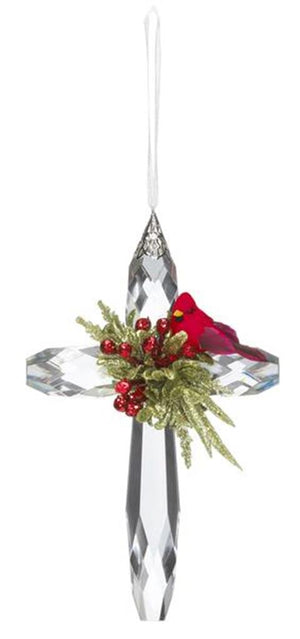 Mid West 7" Kissing Krystals Religious Cross with Cardinal Bird Christmas Ornament