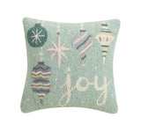 Joy and Christmas Ornaments Pale Blue 16" Sq Hooked Wool Pillow