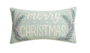 Merry Christmas and Deer Antlers Pale Blue 12" x 22" Hooked Wool Pillow