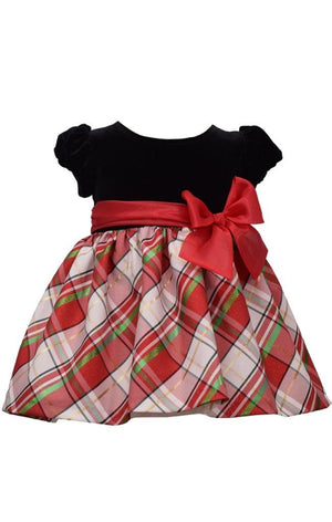 Bonnie Jean Short Sleeve Christmas Dress Black Velvet and White Tartan Plaid Skirt
