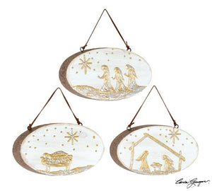 Christmas Nativity Story Ivory Gold Painted Wood Slice Ornament Set of 3