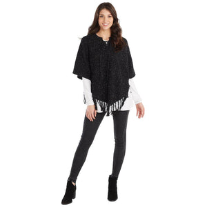 Mud Pie Womens Pixie Speckled Knit Fringed Poncho, Black Color
