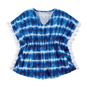 Girls Beach Swimsuit Pool Cover Up Blue Tie Dye with Pom Poms