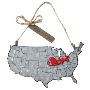 Santa Stop Here Sleigh on USA Tin Map Christmas Ornament