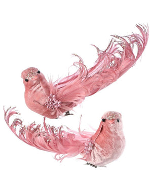 6" Pink Velvet Feather Bird Clip-On Christmas Ornament Set of 2