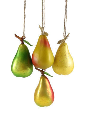 Orchard Fresh Pear Fruit Faux Food Glass Christmas Ornament Set of 4