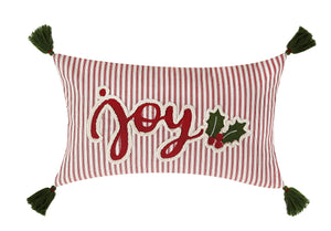 Joy with Tassels 12" x 20" Embroidered Red Ticking Christmas Throw Pillow