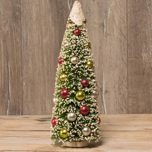 Ragon House 17" Snow Topped Bottle Brush Christmas Tree with Red Gold Silver Balls