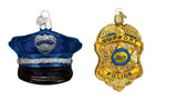 Old World Christmas Police Badge and Officer Uniform Cap Glass Christmas Ornament Set