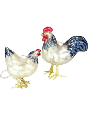 Cody Foster Farmhouse Rooster Hen Chicken Glass Christmas Tree Ornaments Set of 2