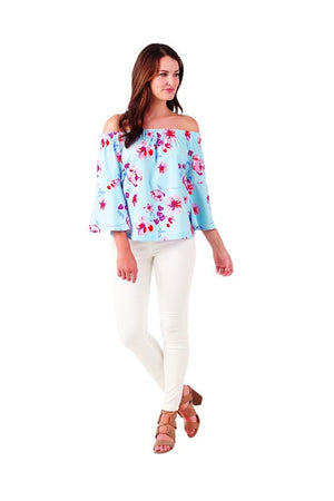 Mud Pie Womens Izzy Off-the Shoulder Summer Top, Blue Floral