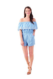 Mud Pie Juniper Off-the-Shoulder Summer Romper, Blue with Eyelet