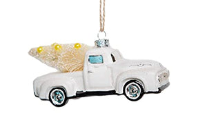 Cody Foster White Village Pickup Truck with Tree Glass Christmas Ornament