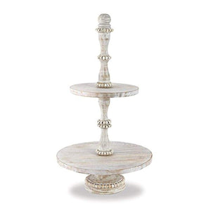 Mud Pie Cottage Collection Beaded Wood Tiered Server Serving Plate 23" x 13", White