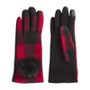 Mud Pie Womens Red Black Buffalo Check Womens Winter Gloves with Pouf Accent