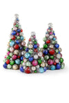 Cool Hue Bottle Brush  Tinsel Tree Stout 3 Pc Set with Blue Red Silver Balls
