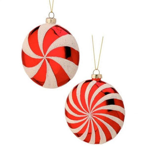 Red Peppermint Starburst Candy Glass Christmas Ornament Set of 2