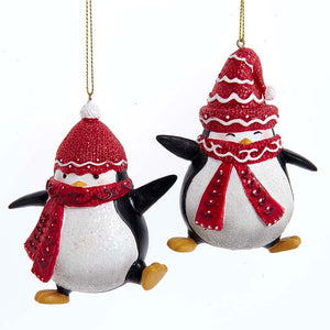 Frosty Playful Penguin with Red Hat and Scarves Christmas Ornament Set of 2