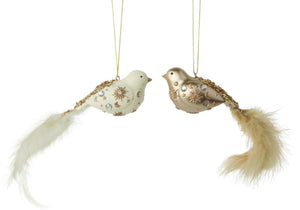 Ivory and Gold Dove with Feather Tails Christmas Ornament Set of 2