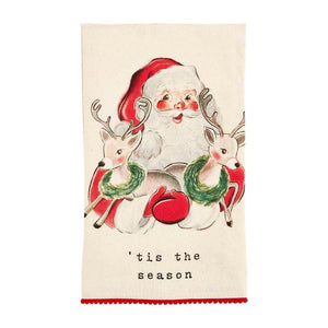 Mud Pie Home TIS THE SEASON Retro Santa Holding Deer Printed Hand Towel