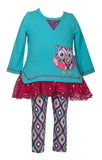 Bonnie Jean Teal Blue Tunic With Owl Applique and Lace Ruffle Printed Legging Set