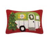Holiday RV Camper on Red Background 8" x 12" Hooked Wool Christmas Pillow