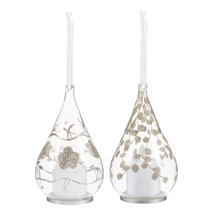 Glass Teardrop 6" LED Candle Bronze Flower Vines Christmas Ornament Set of 2
