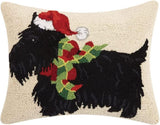 Black Scottie Dog w/ Christmas Scarf Hooked Wool Accent Pillow 14" x 18"