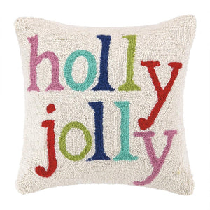 Ivory Multi Color "Holly Jolly" Christmas Hooked 16" Square Throw Pillow