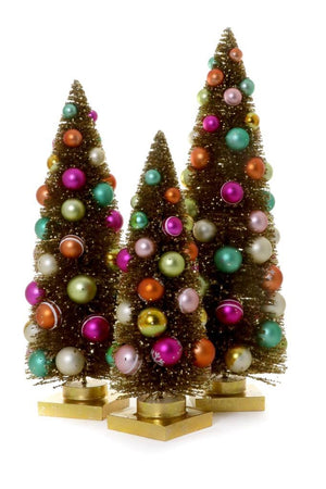 Gold Bottle Brush Christmas Trees with Rainbow Balls 11.5"-18.5" Set of 3