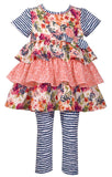 Bonnie Jean Short Sleeve Pink Floral Print Tiered Dress and Blue Striped Legging Set