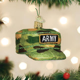 Old World Christmas USA Military "Go Army" Hoodie and Hat Cap Glass Christmas Ornament Set