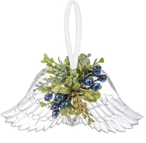Mid West 7.5" W Kissing Krystals Angel Wings with Mistletoe Blue Berries Ornament