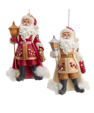 5" Old World Gold Burgundy Santa with Lantern Christmas Ornament Set of 2
