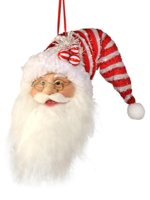 9" Plush Santa Claus Head with Candy Cane Striped Elf Hat Christmas Ornament