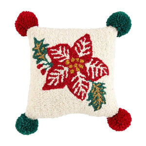 Mud Pie Home Poinsettia Hook Wool 8" Mini Christmas Pillow w Pom Pom