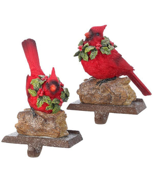 7-9" Red Cardinal Bird Sitting on Log Christmas Stocking Holder Set of 2